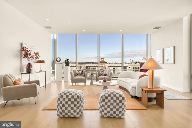 living room with light hardwood / wood-style floors and a wall of windows