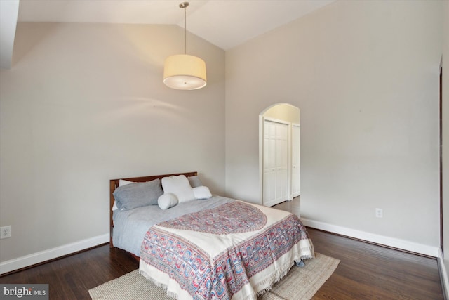 bedroom with lofted ceiling and dark hardwood / wood-style flooring