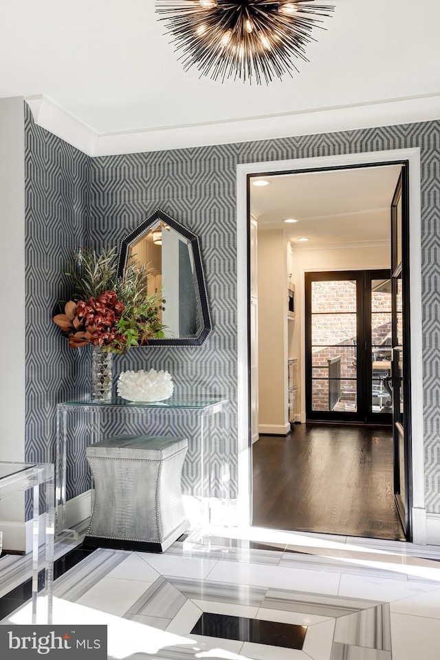 714 Belgrove Rd, Mclean, VA 22101 - detailed view of wallpapered walls, baseboards, french doors, and ornamental molding