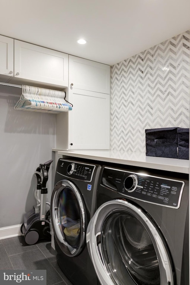 714 Belgrove Rd, Mclean, VA 22101 - laundry room featuring washer and dryer, cabinet space, baseboards, and recessed lighting