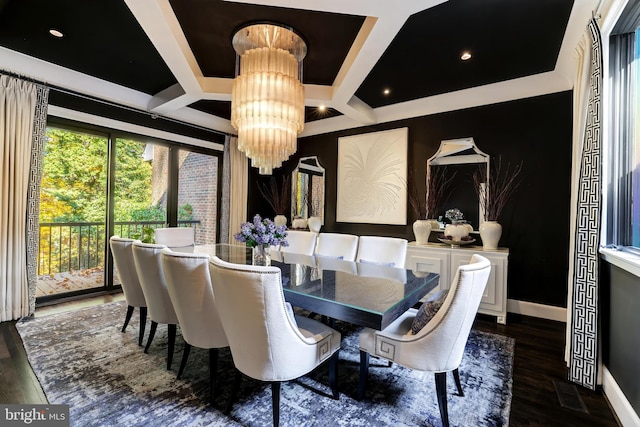 dining space featuring dark wood-type flooring, coffered ceiling, and an inviting chandelier