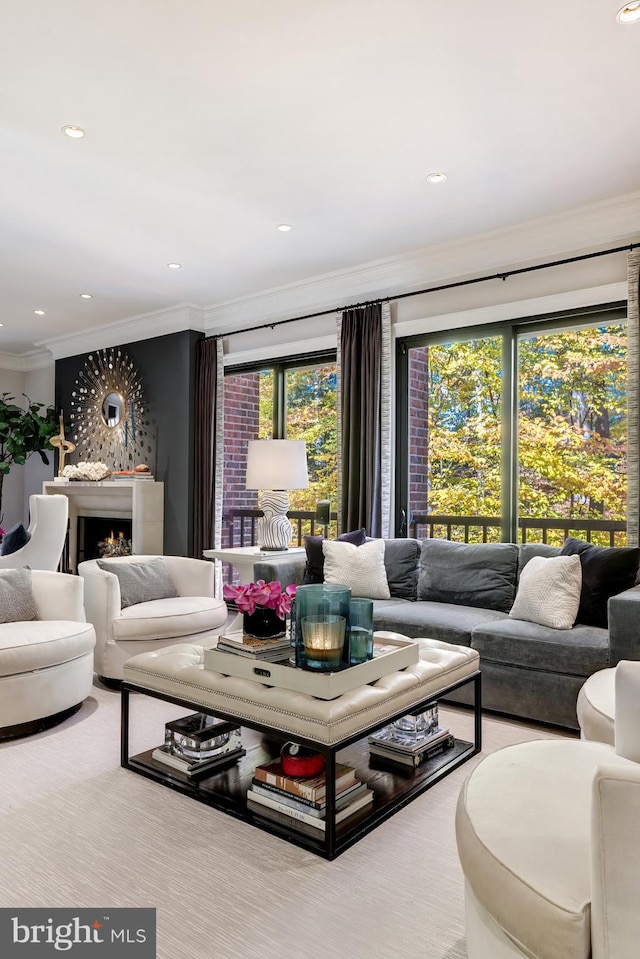 714 Belgrove Rd, Mclean, VA 22101 - living room with crown molding, plenty of natural light, recessed lighting, and carpet flooring