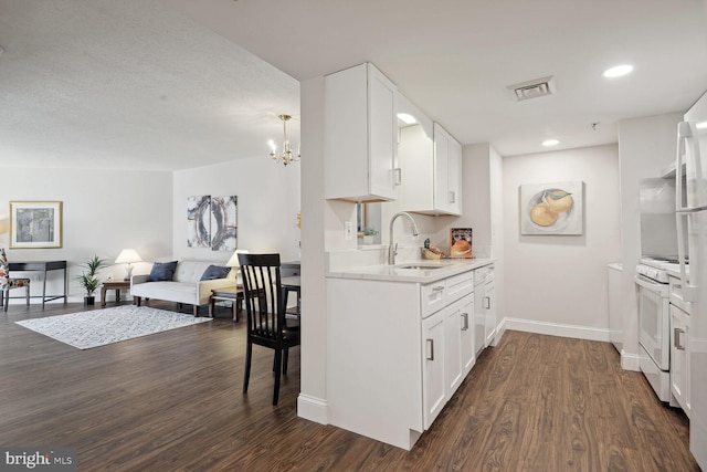 kitchen featuring sink, dark hardwood / wood-style flooring, white range with electric stovetop, and white cabinets