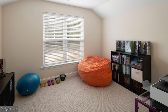 interior space with carpet flooring and lofted ceiling