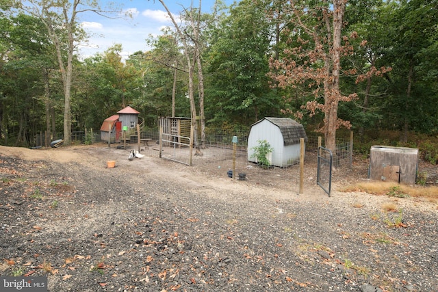 view of yard featuring a storage shed