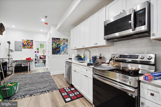 kitchen with appliances with stainless steel finishes, light wood-type flooring, electric panel, and white cabinets