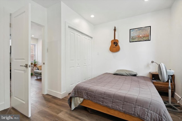 bedroom featuring wood-type flooring and a closet