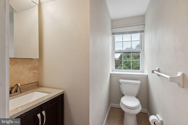 bathroom with decorative backsplash, wood-type flooring, vanity, and toilet