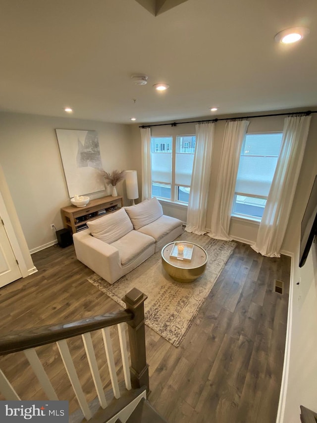 living room featuring dark hardwood / wood-style flooring and a healthy amount of sunlight