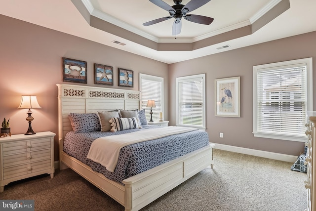 bedroom featuring a raised ceiling, dark carpet, multiple windows, and ceiling fan