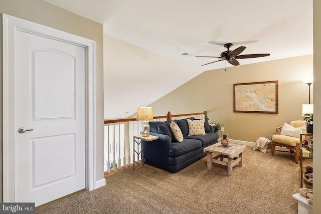 living room featuring carpet floors, lofted ceiling, and ceiling fan