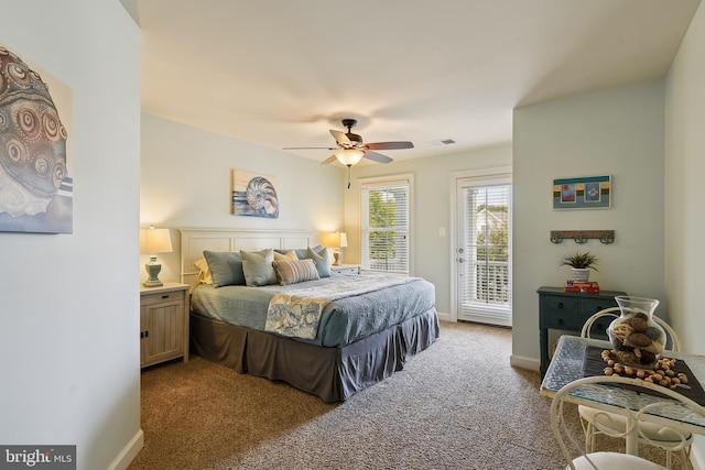 carpeted bedroom with access to outside and ceiling fan