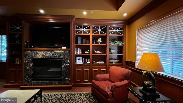 interior space featuring a healthy amount of sunlight, ornamental molding, and a high end fireplace