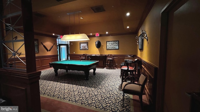 game room with billiards, crown molding, and indoor bar