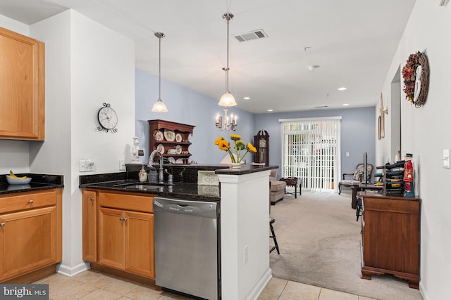 kitchen with light carpet, hanging light fixtures, sink, stainless steel dishwasher, and kitchen peninsula