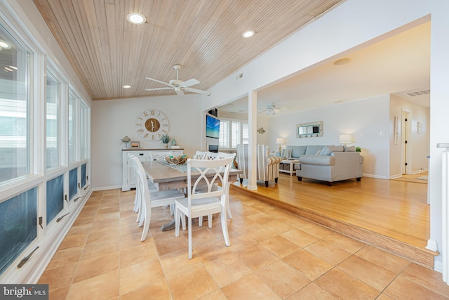 dining space featuring light wood-type flooring, wood ceiling, and ceiling fan