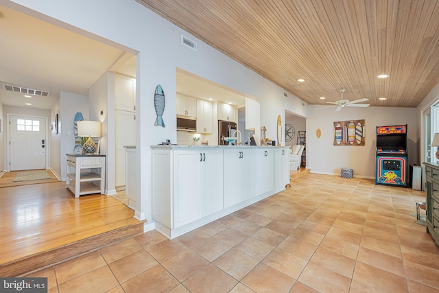 kitchen featuring white cabinetry, stainless steel appliances, wooden ceiling, ceiling fan, and light hardwood / wood-style flooring