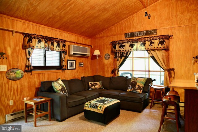 living room with a wall mounted AC, wood ceiling, wooden walls, and a baseboard radiator