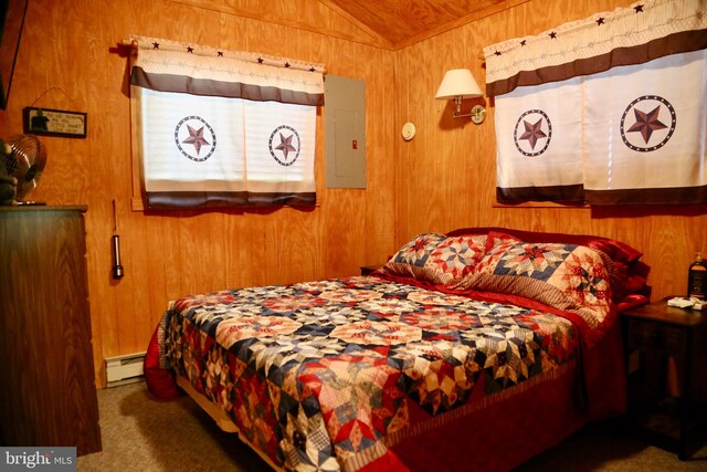 carpeted bedroom featuring electric panel, baseboard heating, wood walls, and lofted ceiling