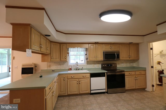 kitchen with sink, electric range oven, heating unit, dishwasher, and light brown cabinetry