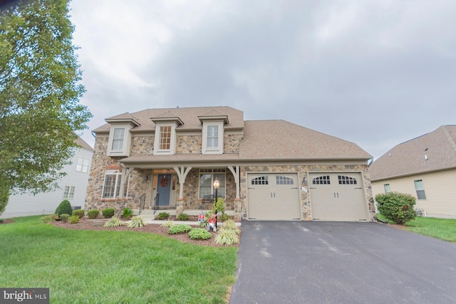 view of front of home with a garage, covered porch, and a front lawn