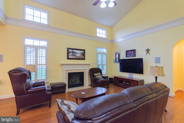 living room with ceiling fan, light hardwood / wood-style floors, high vaulted ceiling, and a wealth of natural light