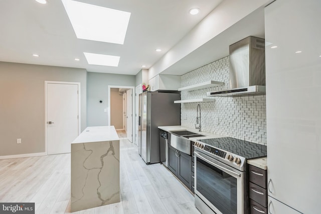 kitchen featuring wall chimney exhaust hood, light wood-type flooring, backsplash, and appliances with stainless steel finishes