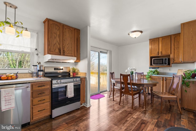 kitchen featuring appliances with stainless steel finishes, dark hardwood / wood-style floors, and pendant lighting