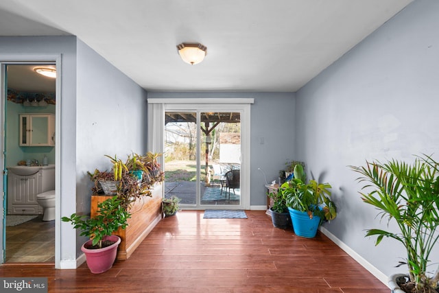 interior space with dark wood-type flooring and sink