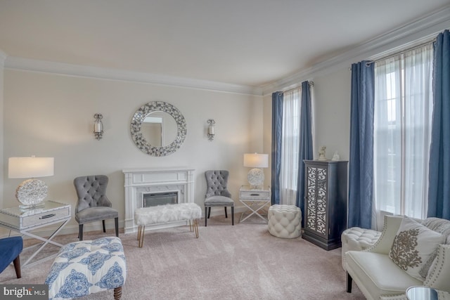 sitting room featuring crown molding, carpet, and a high end fireplace