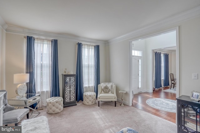 living area featuring a wealth of natural light, wood-type flooring, and crown molding