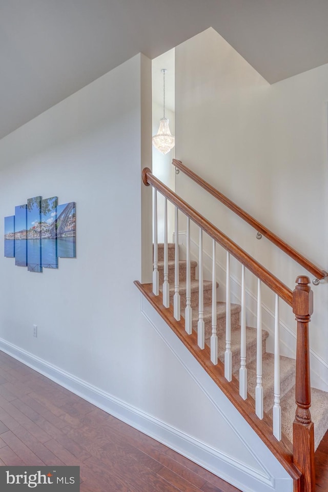 stairs featuring hardwood / wood-style flooring