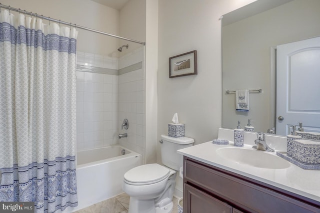 full bathroom with tile patterned flooring, vanity, toilet, and shower / bathtub combination with curtain