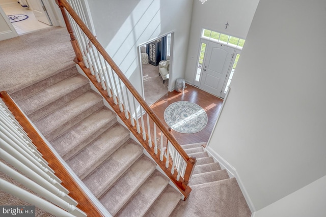 stairs with a towering ceiling and carpet floors