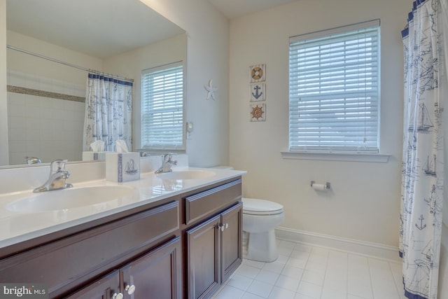 bathroom with tile patterned flooring, walk in shower, vanity, and toilet