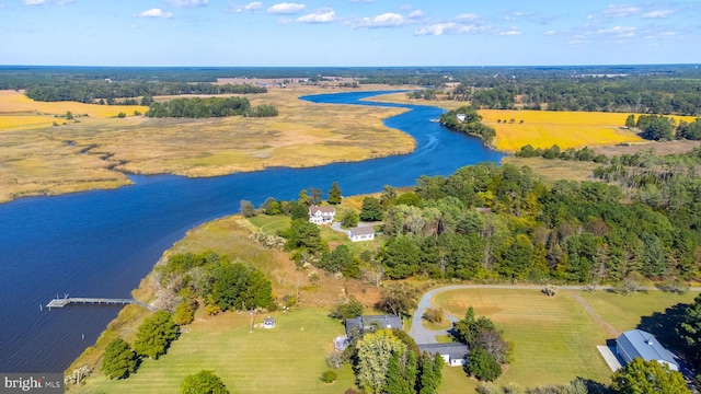 aerial view featuring a water view and a rural view