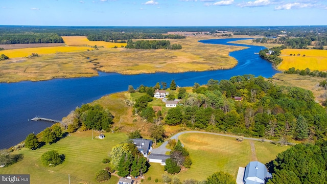 aerial view featuring a water view and a rural view