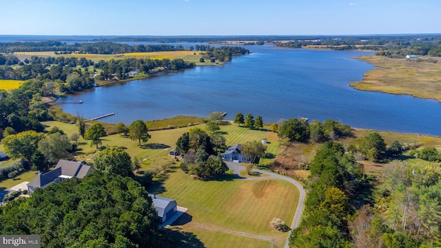 birds eye view of property featuring a water view and a rural view