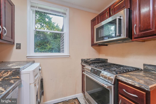 kitchen with stainless steel appliances and ornamental molding