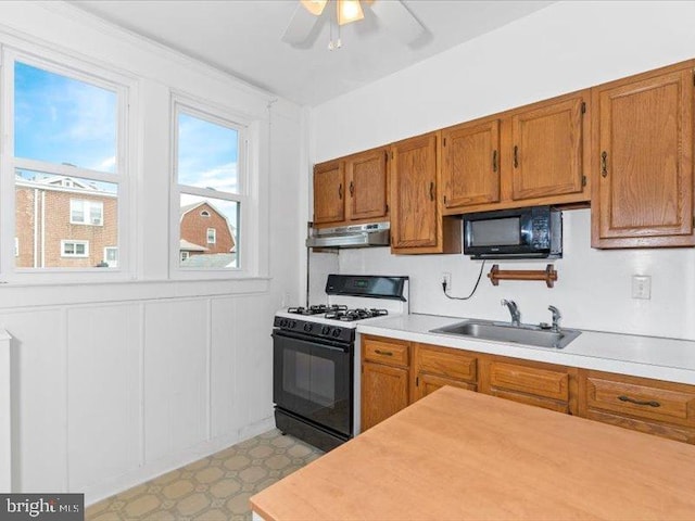 kitchen featuring black appliances, ceiling fan, and sink