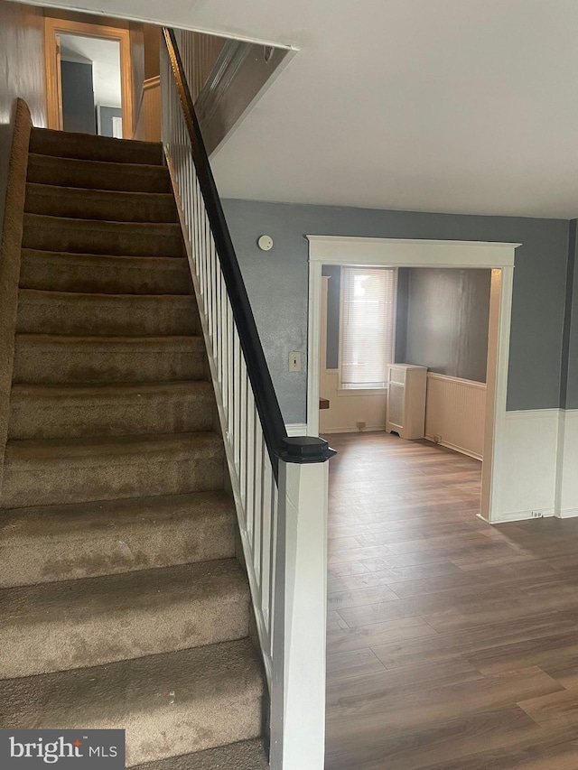 staircase featuring radiator and hardwood / wood-style flooring