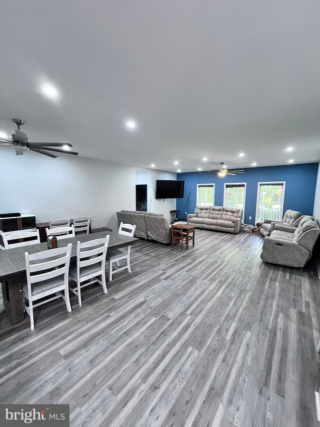 living room with light hardwood / wood-style floors and ceiling fan