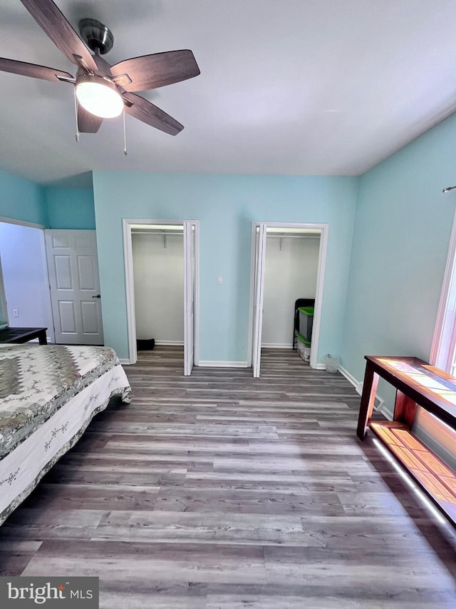 bedroom featuring hardwood / wood-style floors and ceiling fan