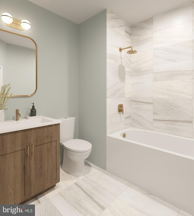 full bathroom with tile patterned floors, tiled shower / bath combo, vanity, and toilet