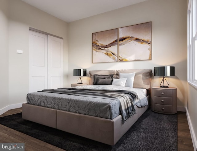 bedroom featuring a closet and dark wood-type flooring