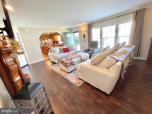 living room with dark hardwood / wood-style floors