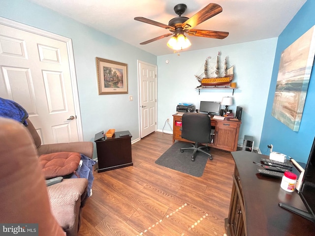 office space featuring ceiling fan and hardwood / wood-style floors