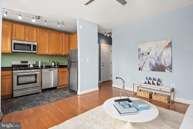 kitchen with ceiling fan, appliances with stainless steel finishes, and dark hardwood / wood-style flooring