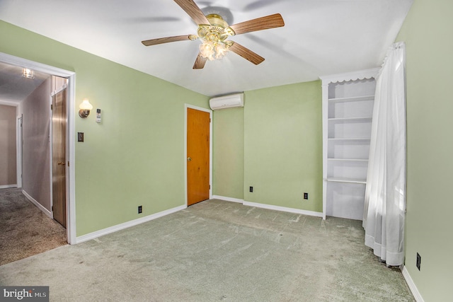 unfurnished bedroom featuring light carpet, a wall mounted AC, and ceiling fan