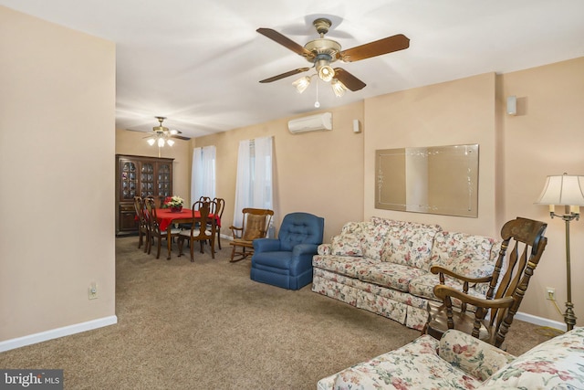 carpeted living room with a wall mounted air conditioner and ceiling fan